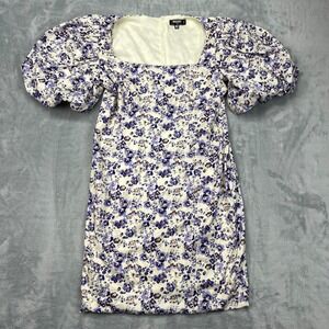 Missguided Shift Dress Women 12 Multi Floral Print Puff Sleeve Back Zip Pullover